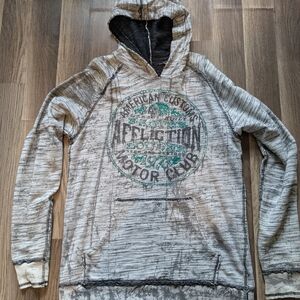 Affliction Men’s Gray Hooded Pullover Shirt with Green Graphic Reversible